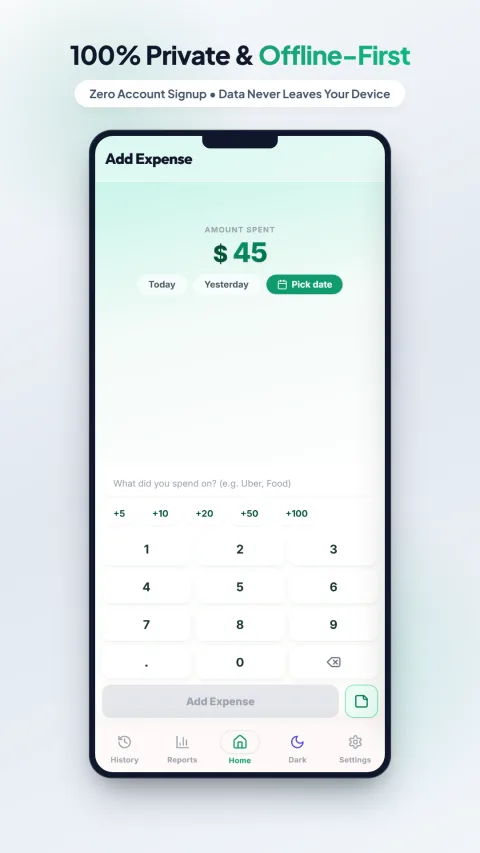 My Expenses Tracker app home screen showing a quick expense entry with a numeric keypad